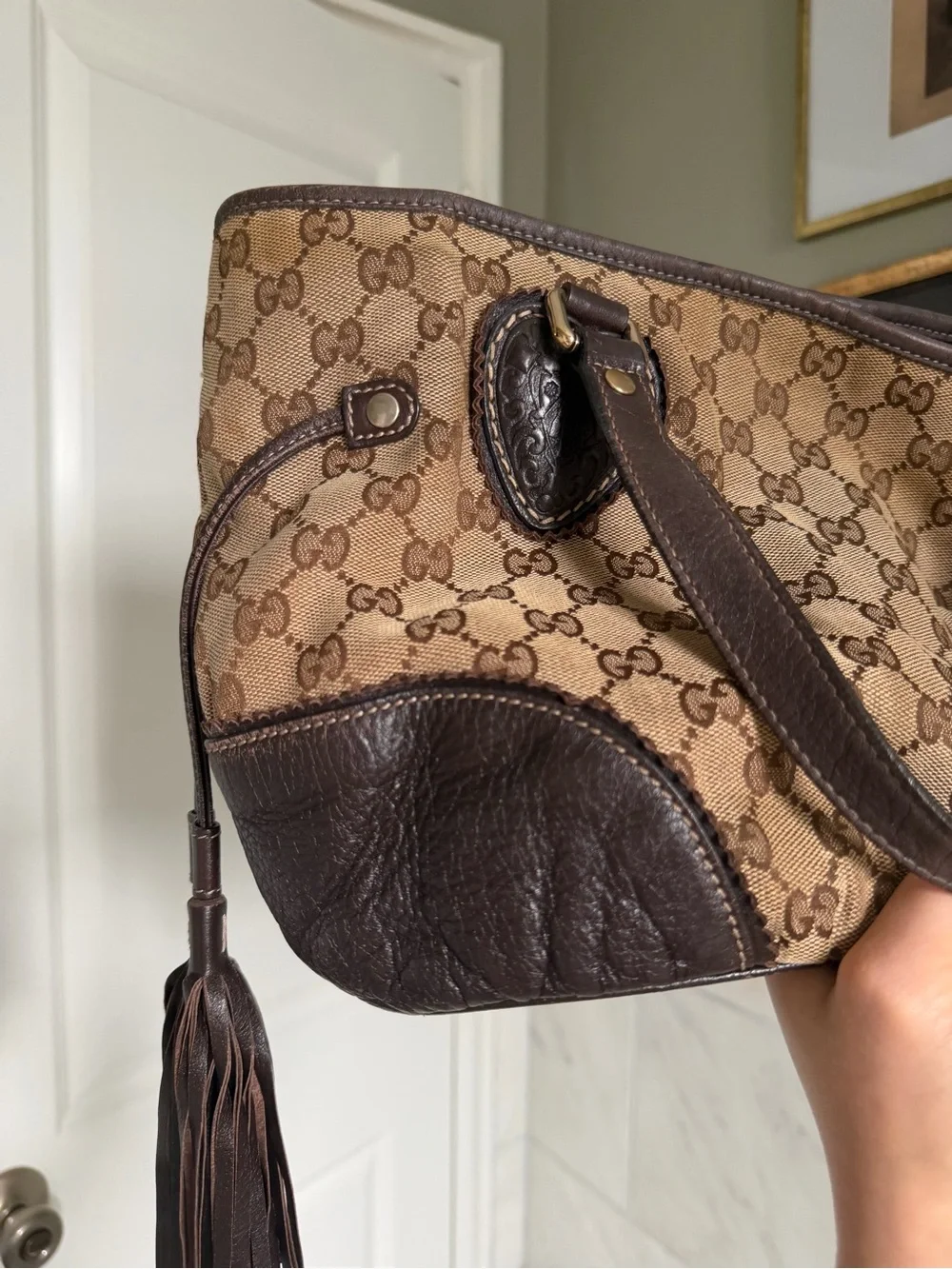 Gucci Tribeca Beige and Dark Brown GG Canvas Tote with Tassels